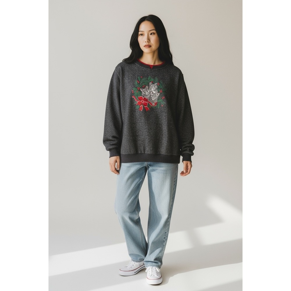 Vtg Bon Worth Christmas‎ Kittens Embroidered Sweatshirt Gray Medium Cozy Catcore